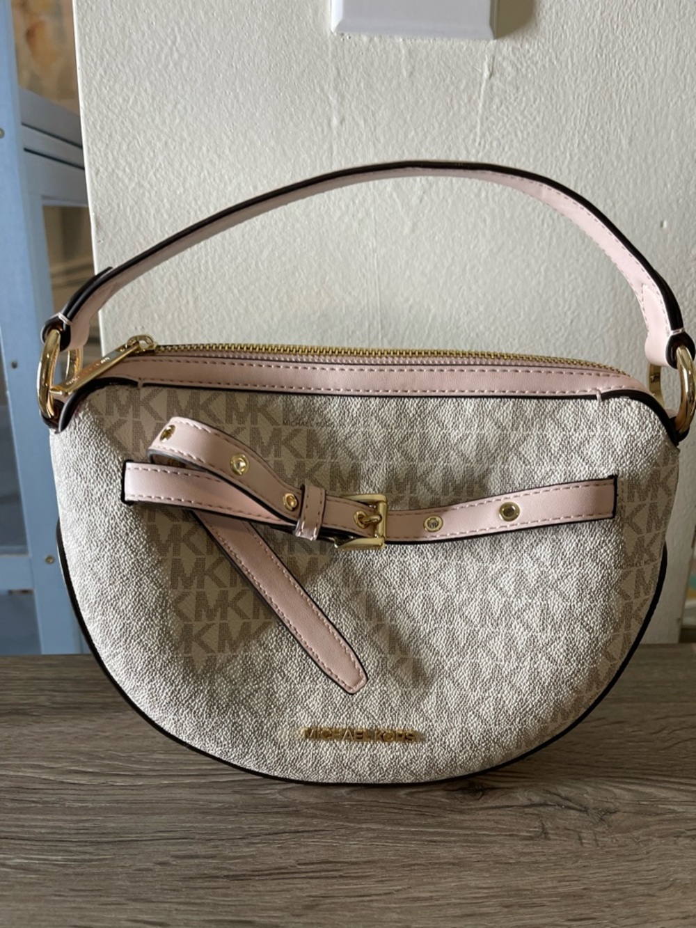 Michael Kors Beige Signature Canvas Shoulder Bag with Pink Trim